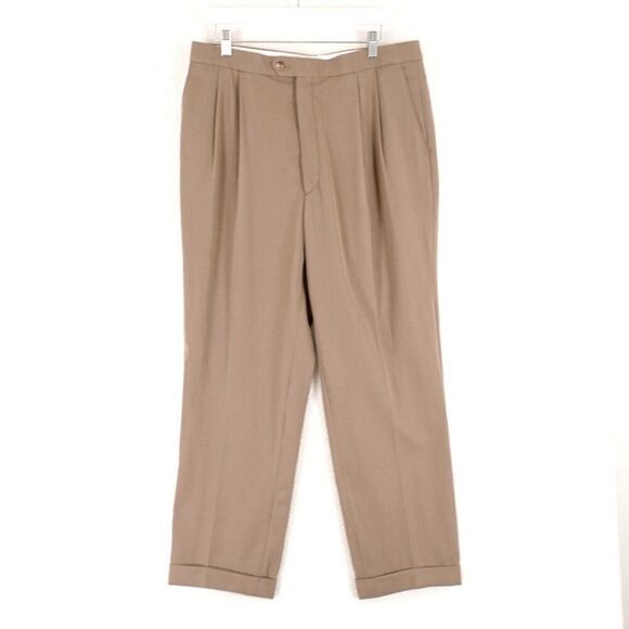 Greg Peters Wool Dress Pants 34/28‎ NO BELT LOOPS Beige Pleated High Rise Cuffed - Picture 1 of 7